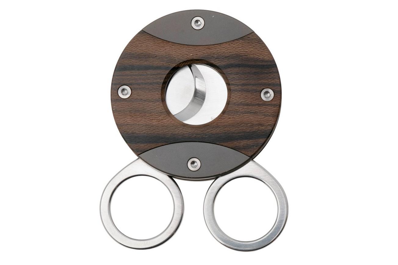 Fox Circle Cigar Cutter 744-ZW, Satin Sandvik 12C27, Ziricote Wood Titanium, sigaarknipper