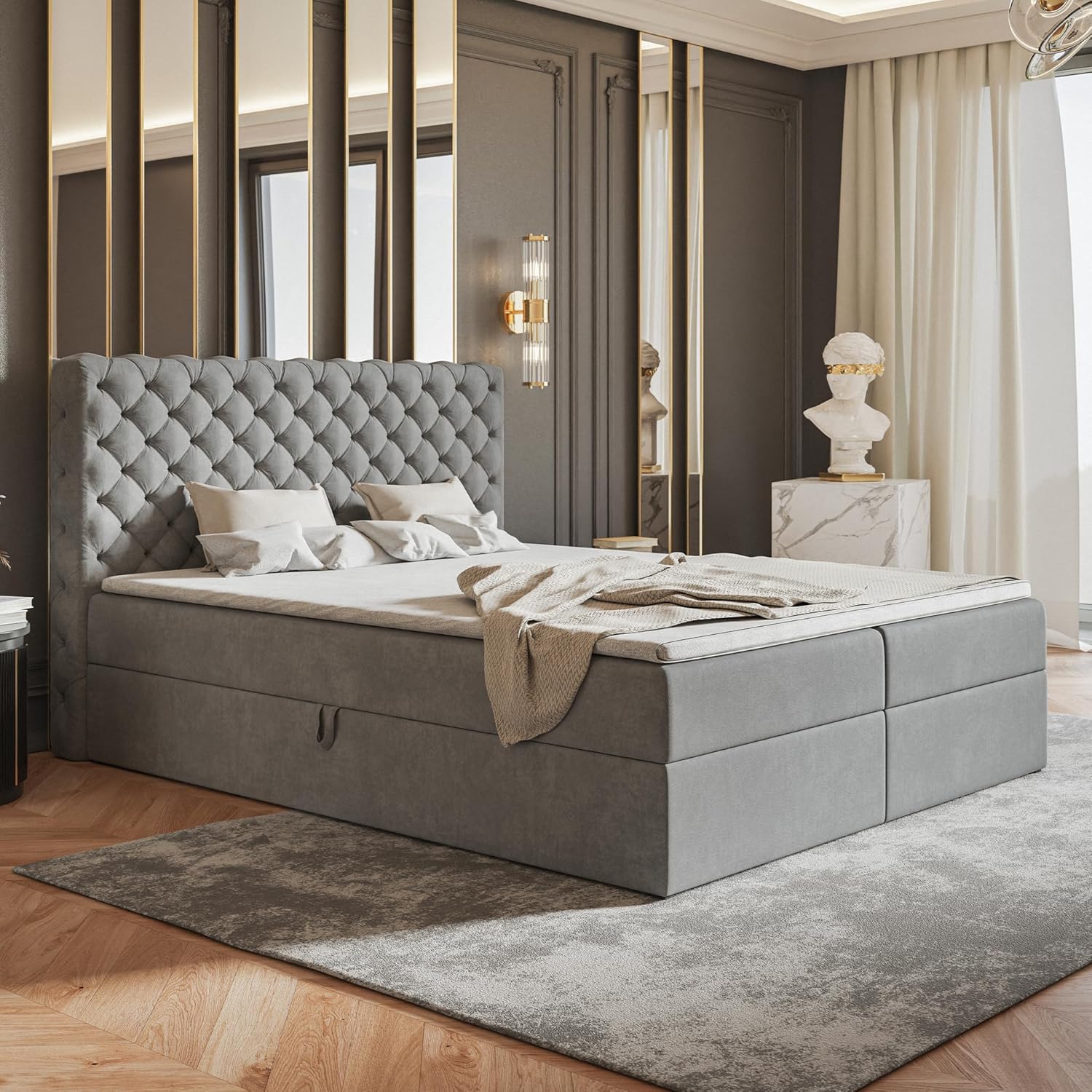Nero Chesterfield Boxspringbett 180x200 mit Bettkasten und Topper, Polsterbett 180x200 mit Bettkasten, Bonell-Matratze (H4), T28 Schaumstoff Topper (H3), Samt, Grau (Hellgrau)
