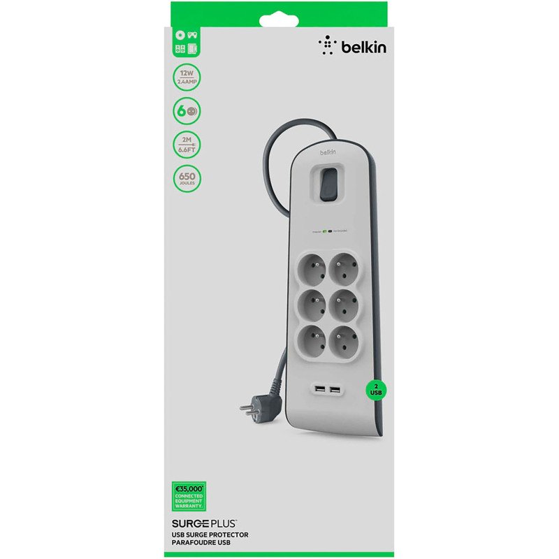 Belkin Multiprise parafoudre 6 prises BSV604 avec 2 ports USB 2,4 A