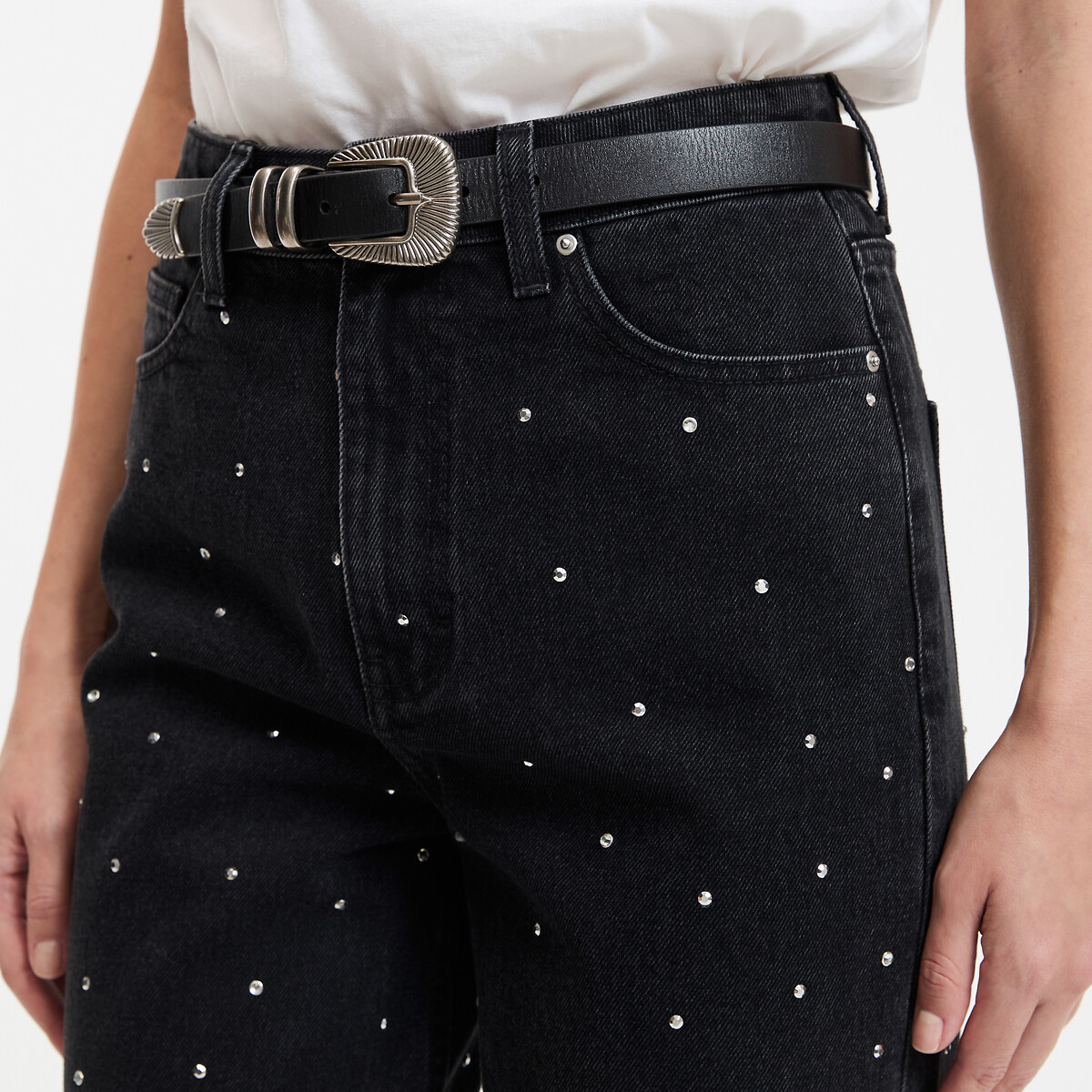 COLEÇÕES LA REDOUTE<br>Calça jeans de perna larga e cintura alta com strass