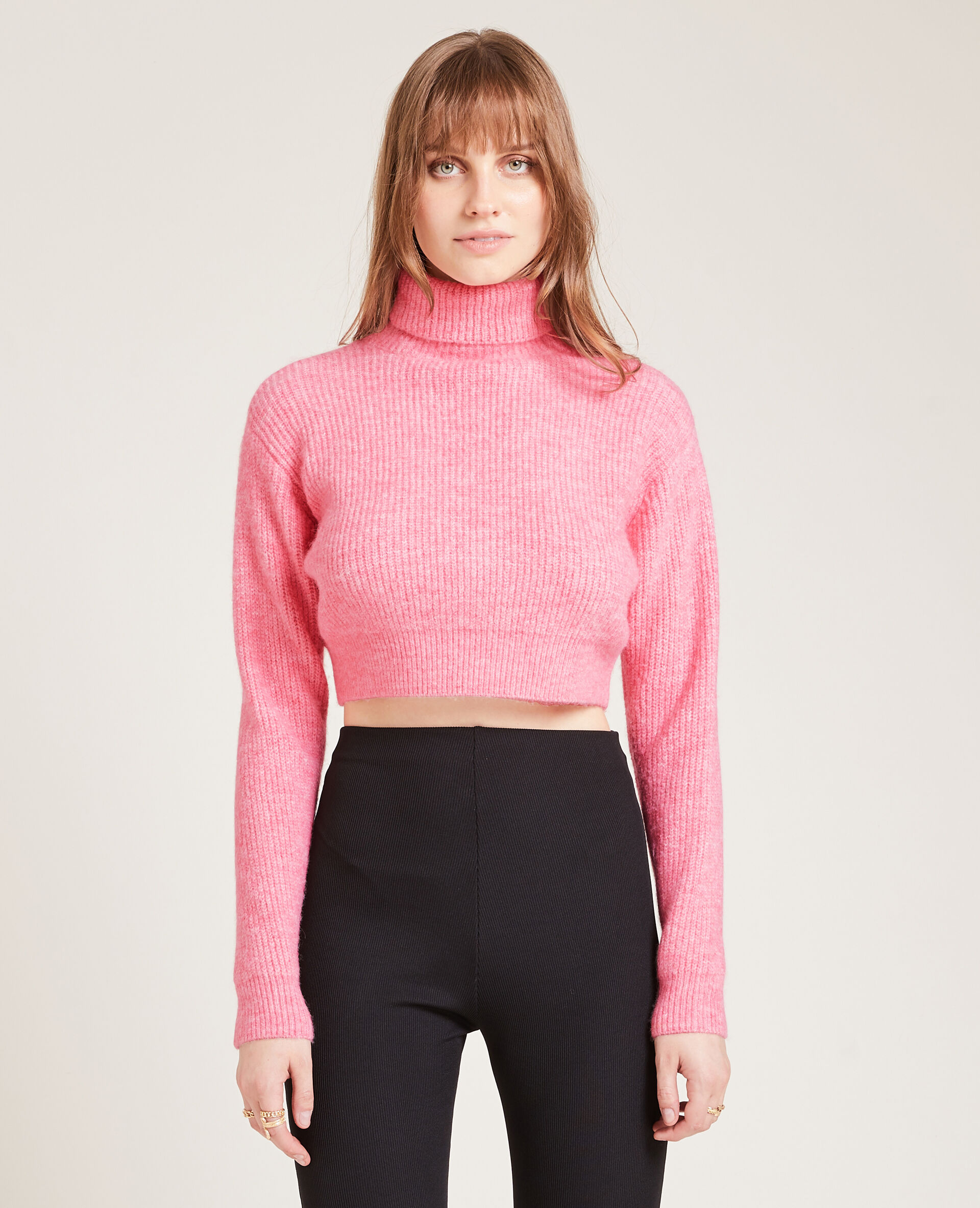 Pull cropped col roulé - Rose