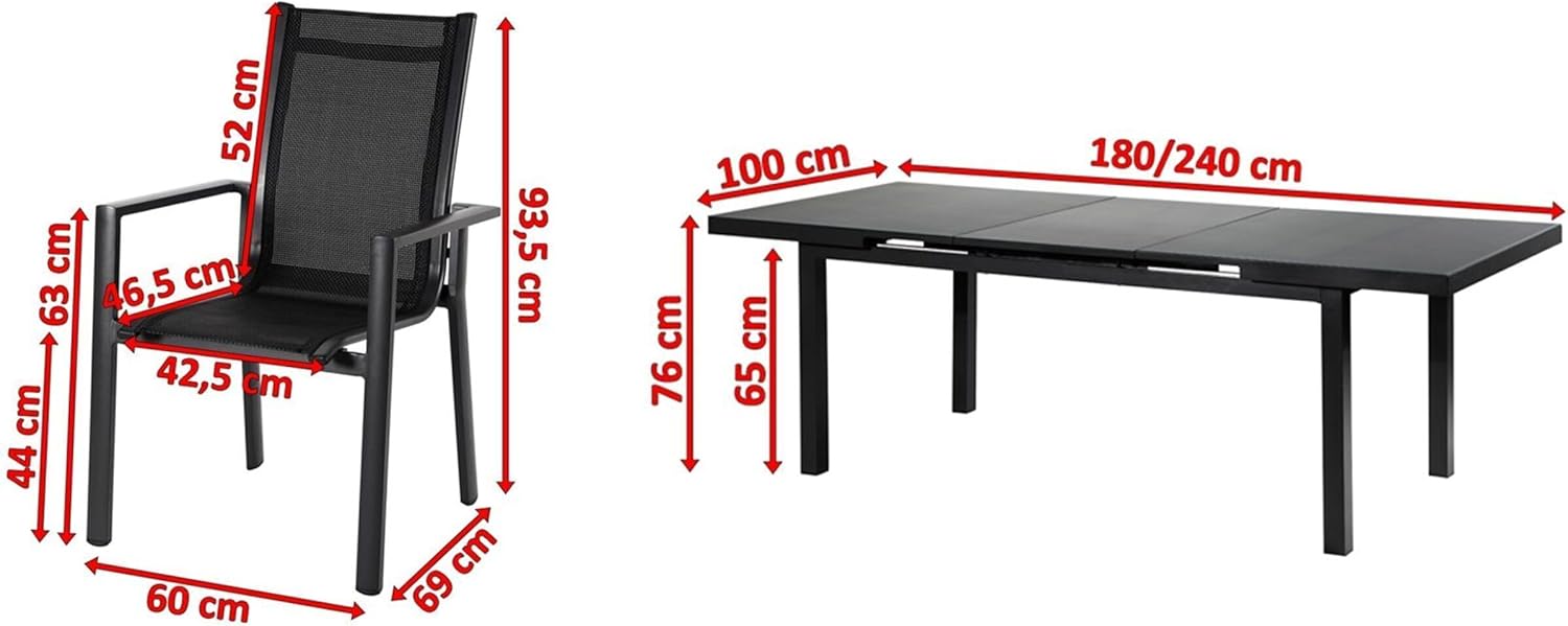 OUTFLEXX Premium Garten-Essgruppe, anthrazit matt, Alu/Textilene, Tisch 180/240x100cm, 8 Stapelsessel