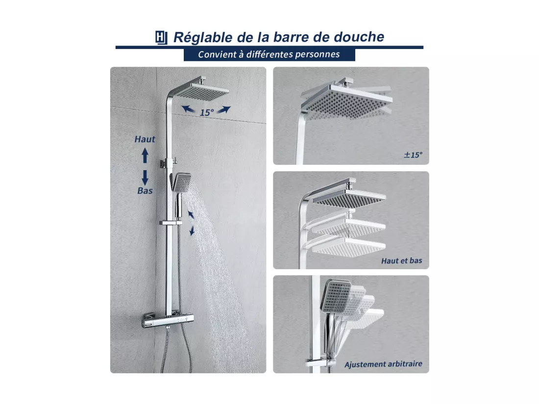 Colonne de Douche Thermostatique Ensemble de Douche Corps en Laiton Hauteur Réglable 818-1214mm Système de Douche