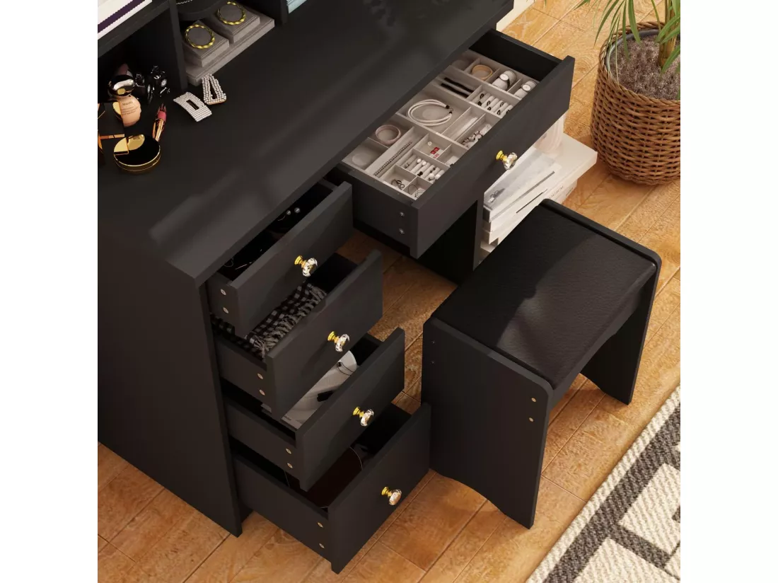 Coiffeuse avec Miroir LED réglable tiroirs Tabouret 80x40x140cm Noir