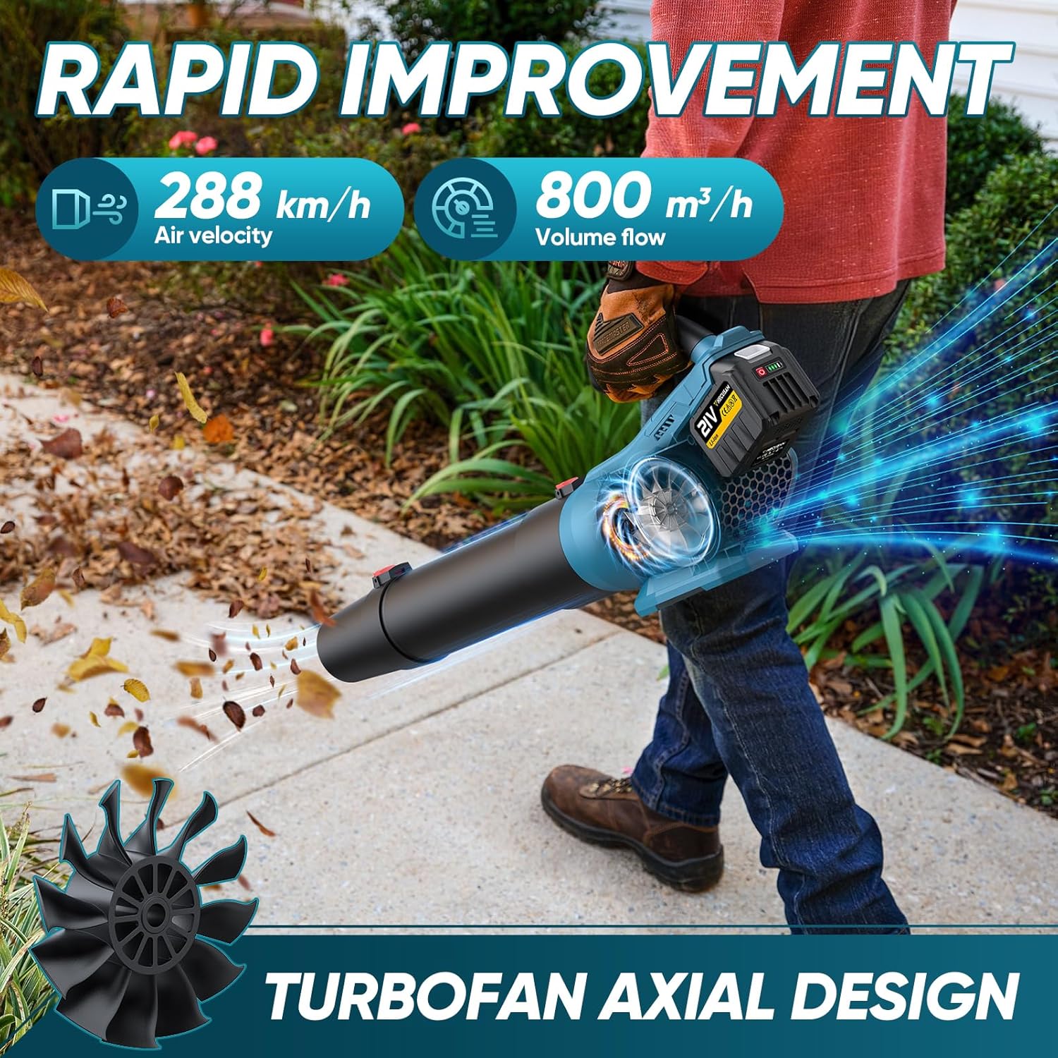 Akku-Laubbläser, Hecusam Laubbläser Für Makita 18v Akkus, Bürstenloser Motor mit 2 Batterien, 288 km/h & 800 m³/h, Ladegerät, Akku Gebläse Mit 3 Blasdüsen für Gartenpflege/Staub/Laub