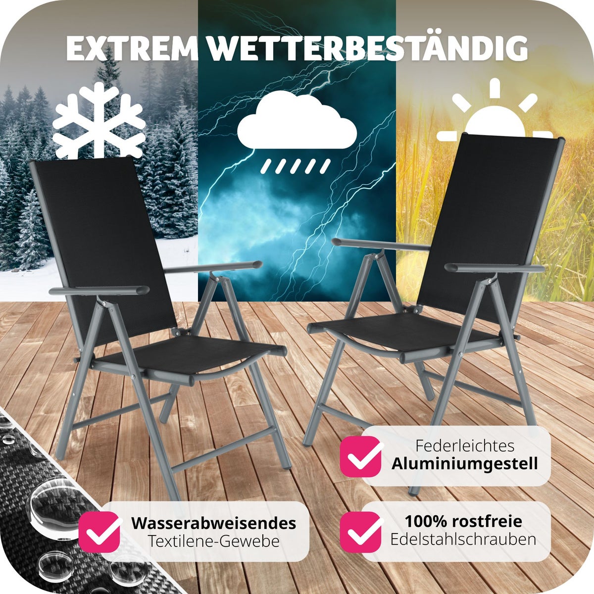 Set van 2 tectake Marilena opvouwbare tuinstoelen, 67 x 56 x 105 cm