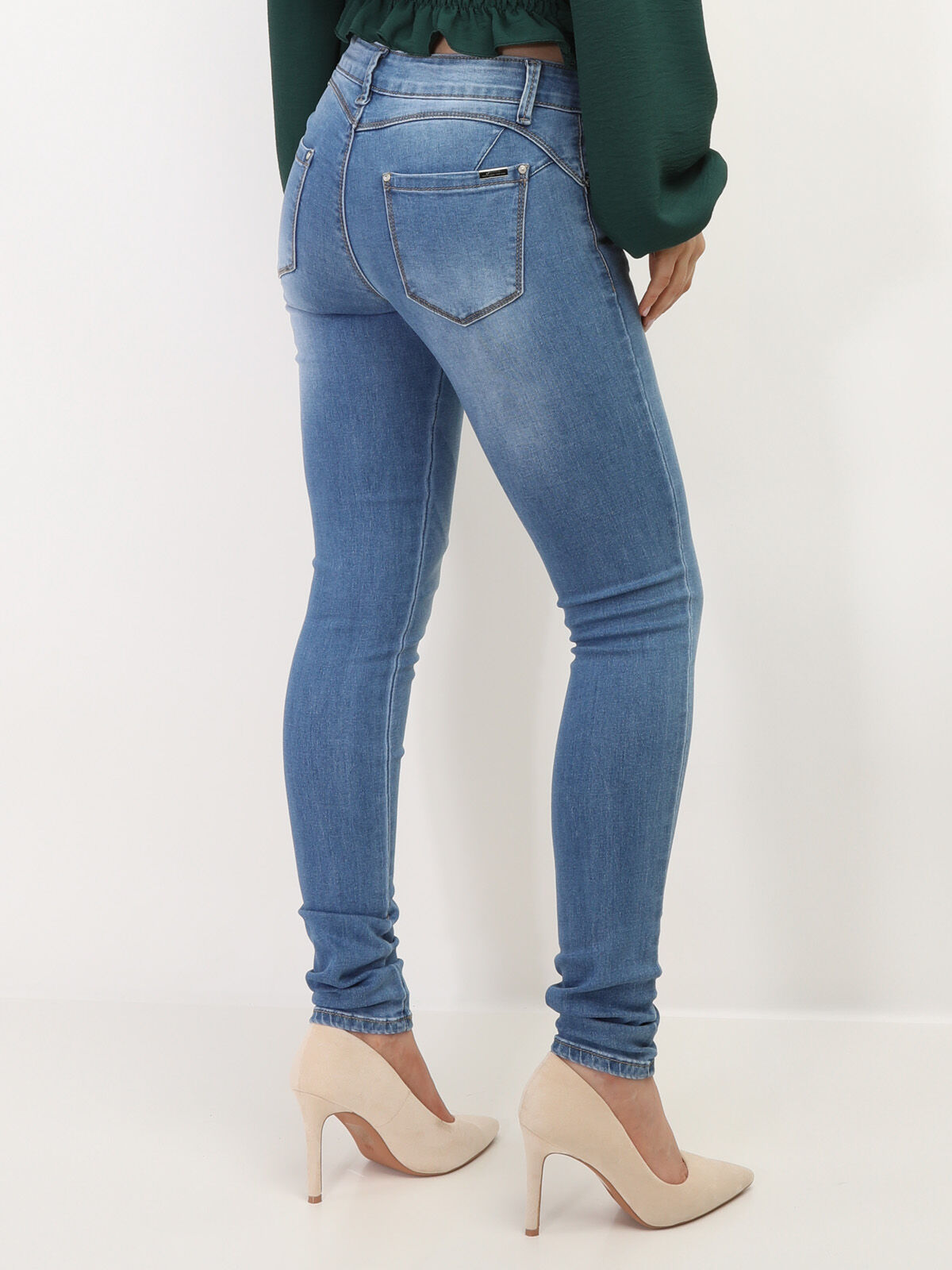 Jeans skinny push-up délavé- Bleu