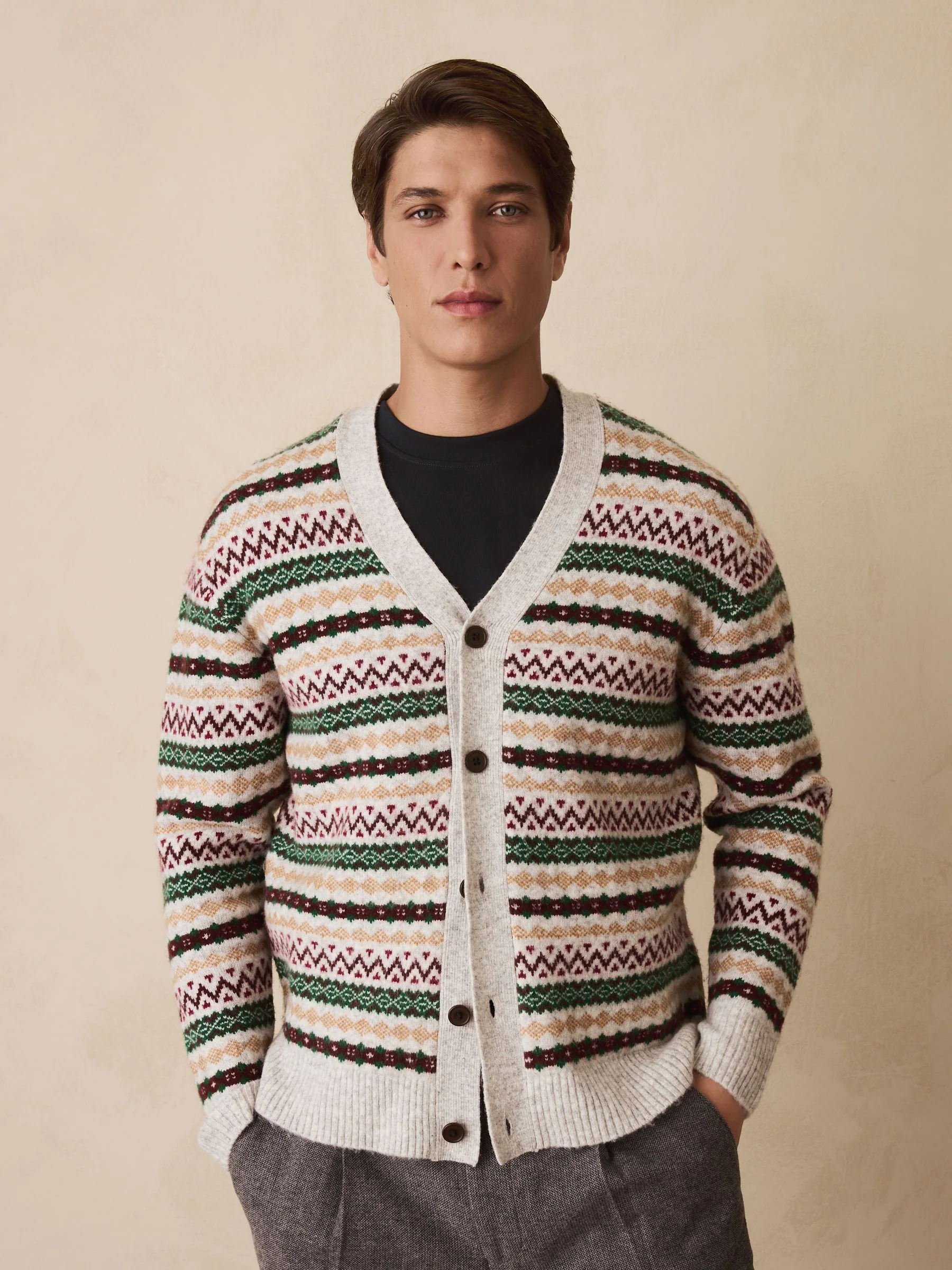 Lichtgrijs meerkleurig - Relaxed Fit Cosy Fairisle Pattern Cardigan With Wool