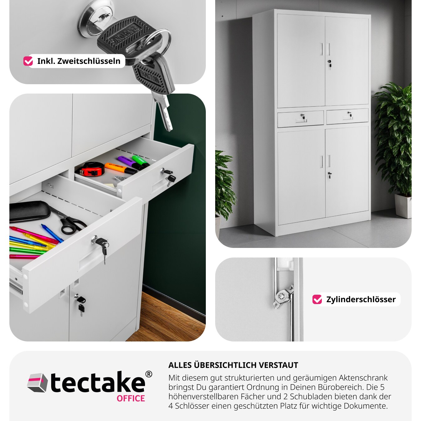 tectake® Aktenschrank, aus pulverbeschichtetem Stahl, 3 höhenverstellbare Einlegeböden, 180 x 80 x 40 cm