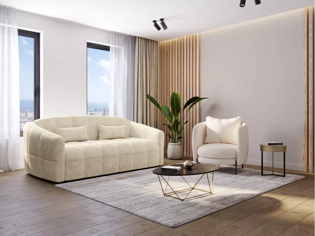 Canapé 3 places convertible express en velours beige - Couchage 140 cm - Matelas 13 cm RETUNA II