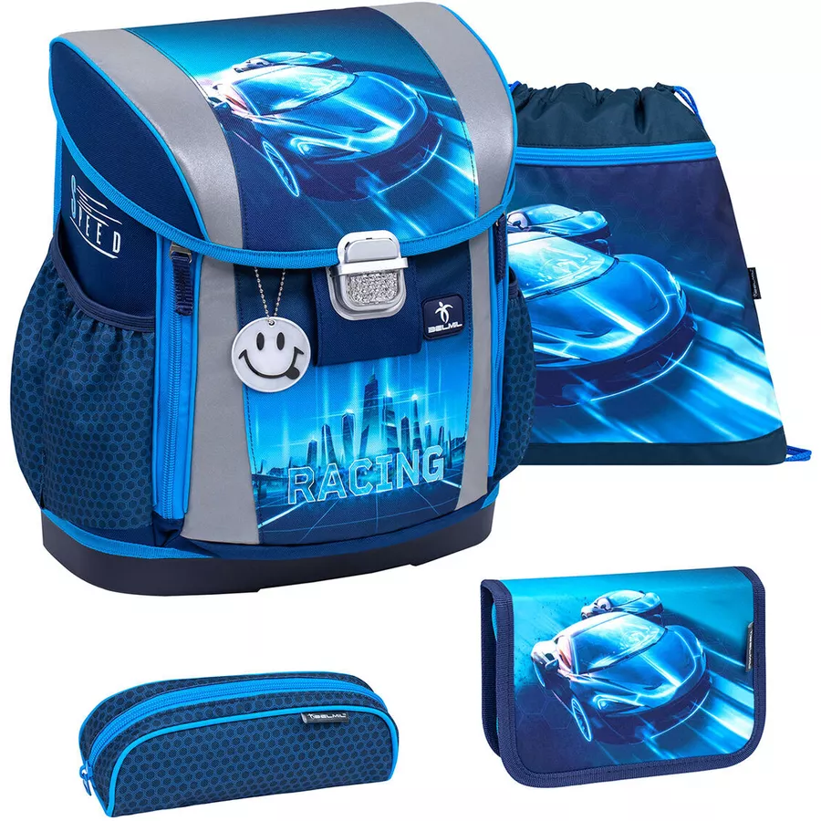 Belmil Schulranzen Customize-me Schulranzen Set 4-teilig mit Brustgurt, Hüftgurt Racing Blue Neon