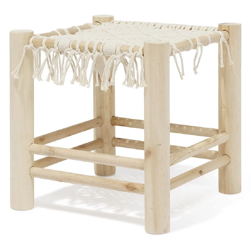 Tabouret Zélie bois et coton effet macramé - L35xP35xH35 cm