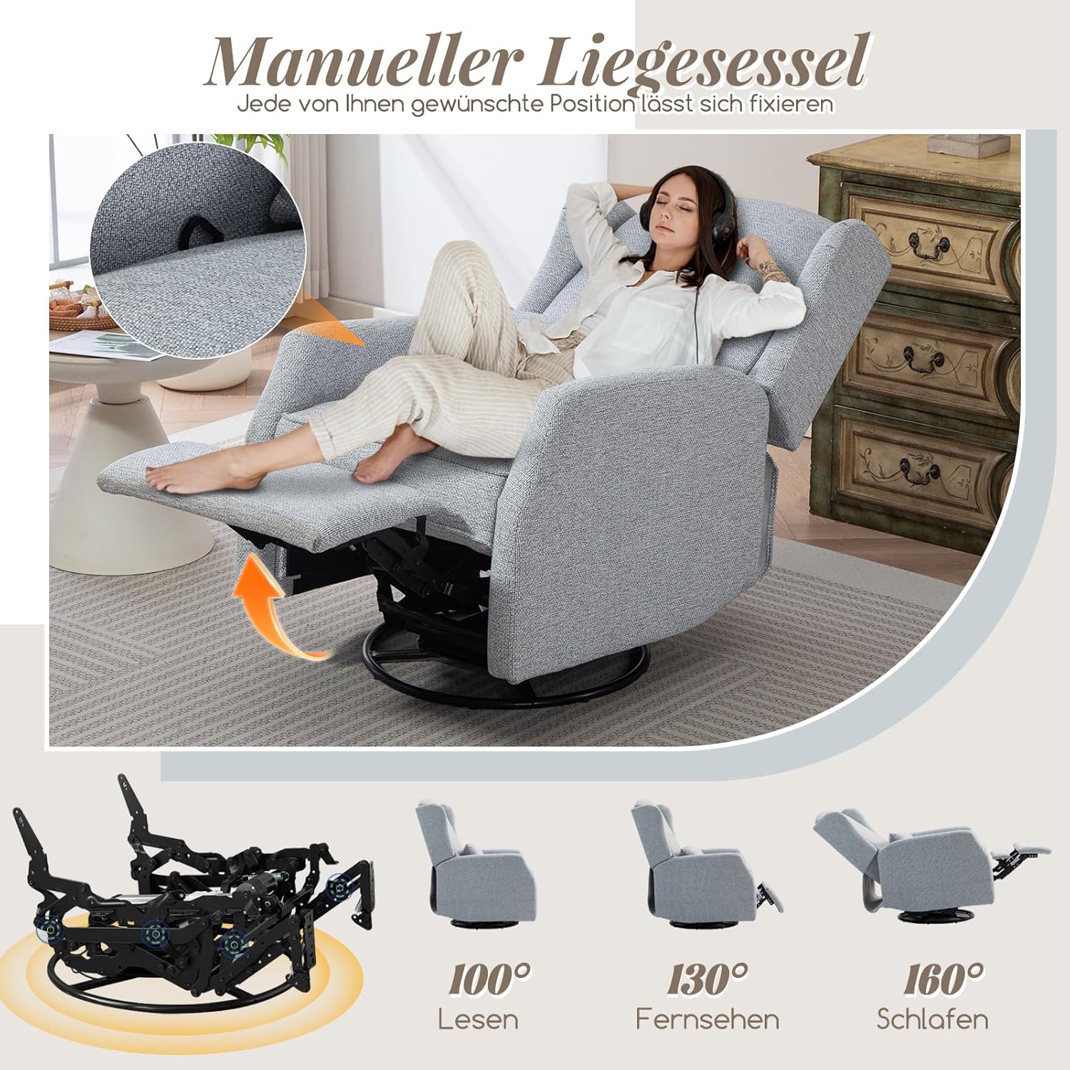Relaxsessel mit Liegefunktion, 360°Drehbarer Fernsehsessel Wohnzimmer, Schaukelstuhl mit gepolsterte Lordosenstütze, TV Sessel Wippfunktion, Manuell Verstellbar(Grau) Grau