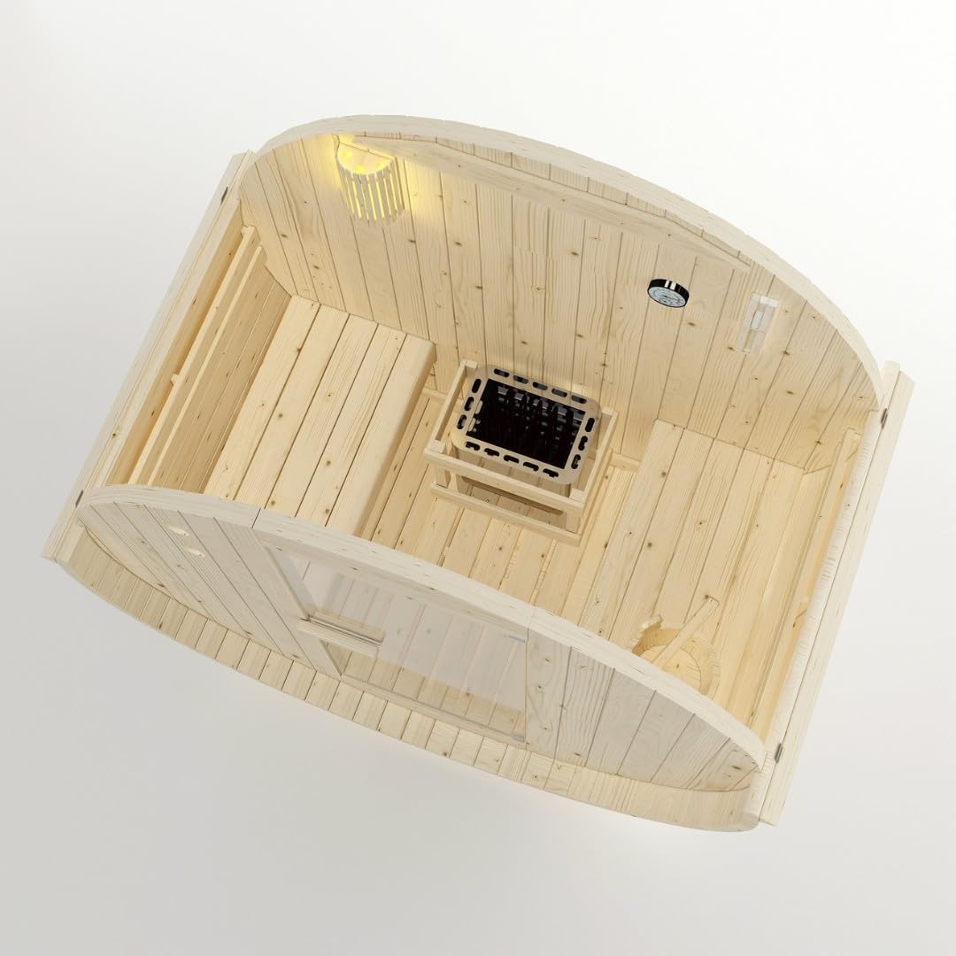 SANOTECHNIK Outdoor Fasssauna TROMSÖ M – 2 Personen Gartensauna aus Fichtenholz, Harvia Saunaofen 3,6 kW, ESG-Glas, Asphaltdach, 189×120×191,5 cm, F50120