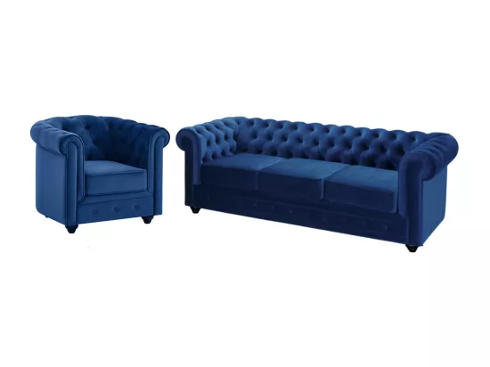 Canapé 3 places et fauteuil CHESTERFIELD - Velours bleu roi