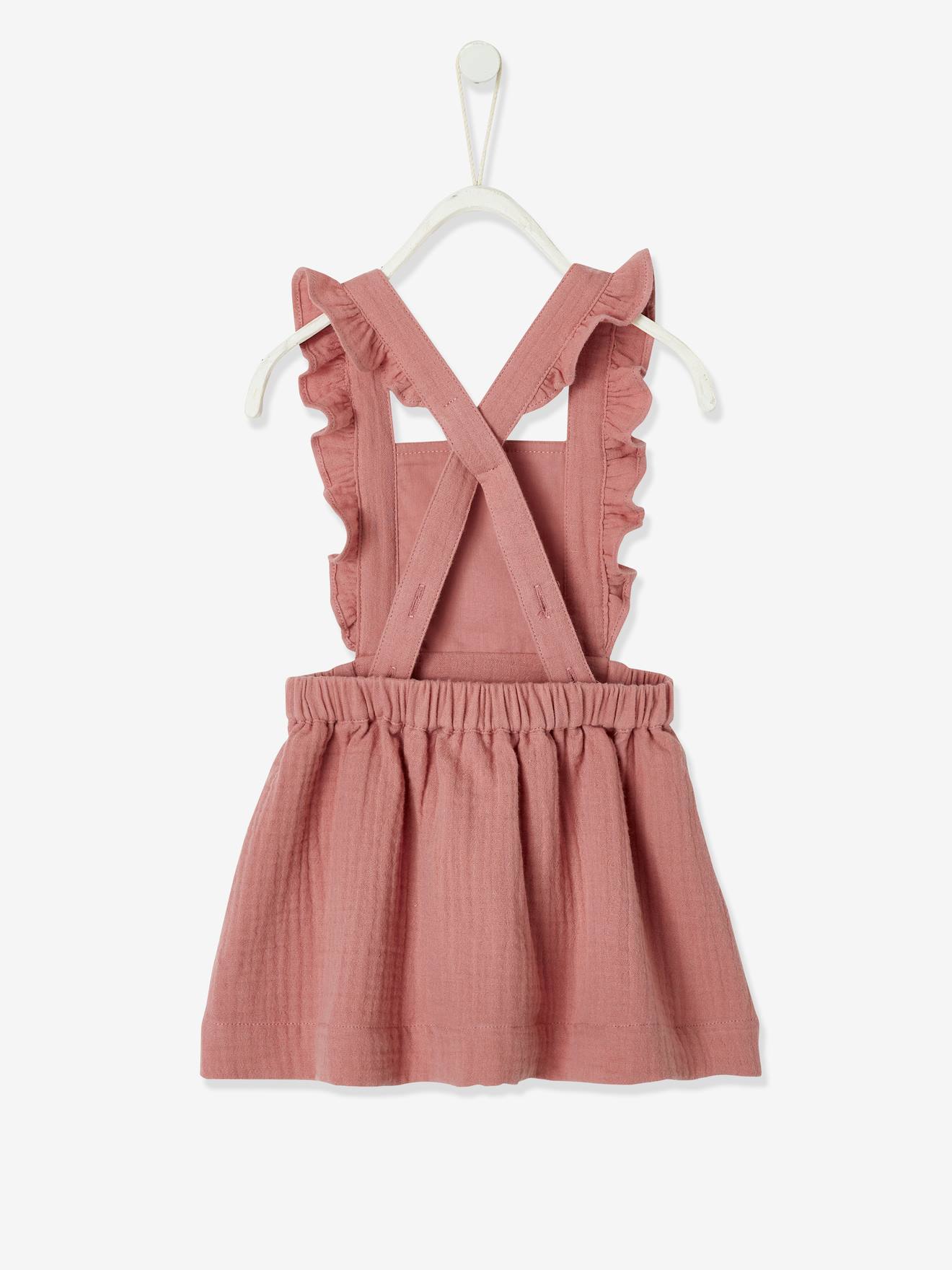 Vestido macacão infantil de chiffon de algodão, rosa liso tamanho médio