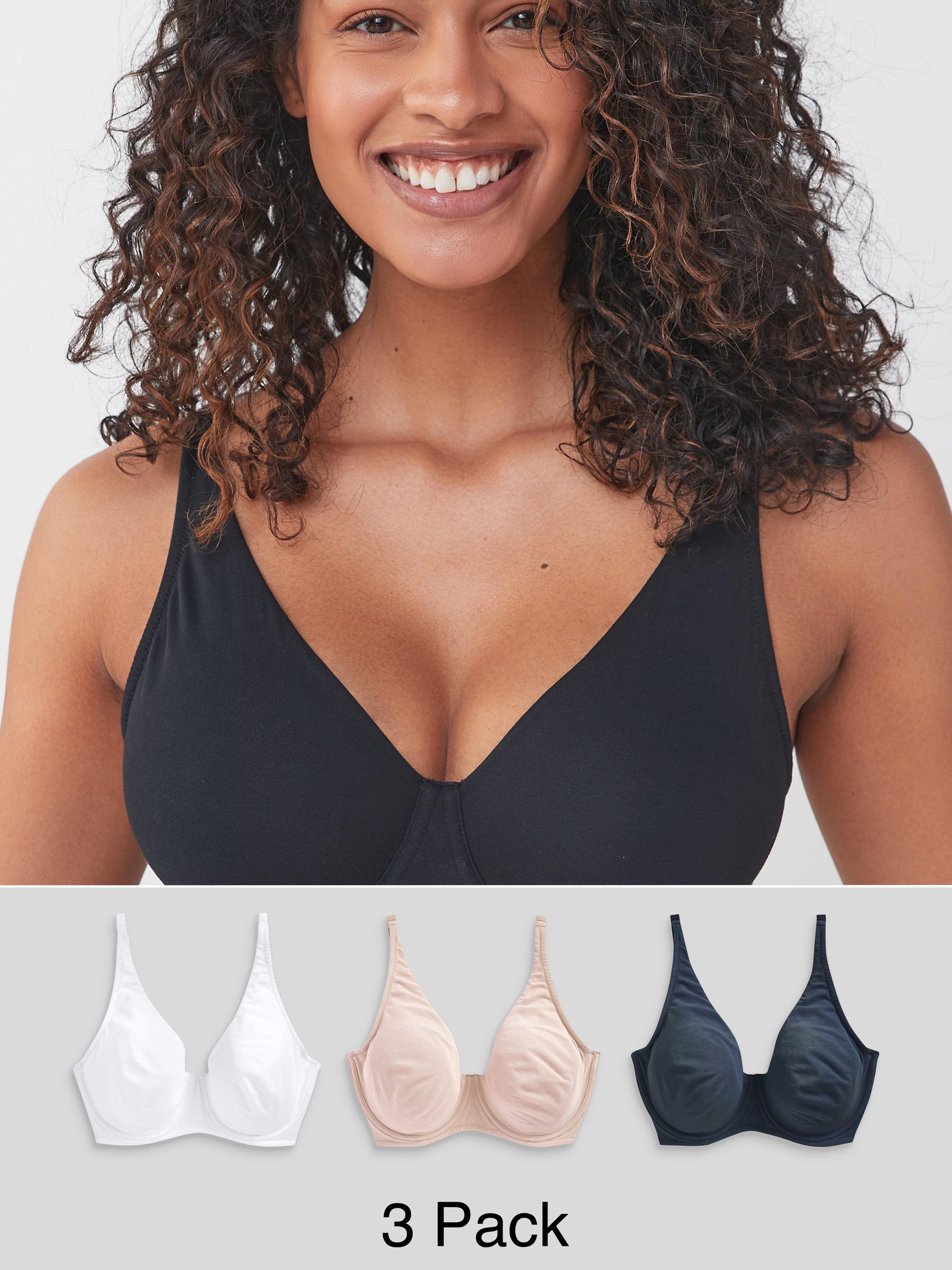 Marineblauw/roze/wit - DD+ ultiem comfort beha's van katoenmix verpakking van 3