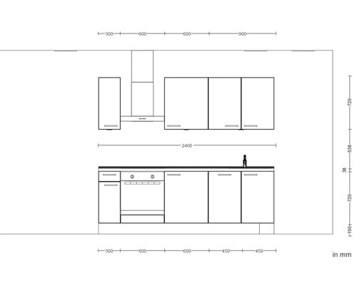 NOBILIA keukenblok met apparatuur, industriële stijl, 240 cm, beton leigrijs mat, voorgemonteerd, linker uitvoering, 4004539018778