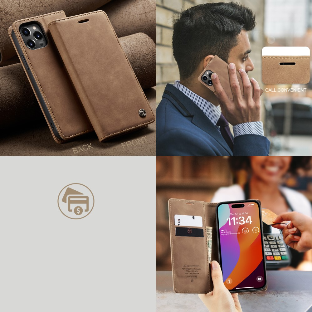 iPhone 16 Pro Leder Tasche Flip Wallet Etui mit Kartenfächern - Hellbraun