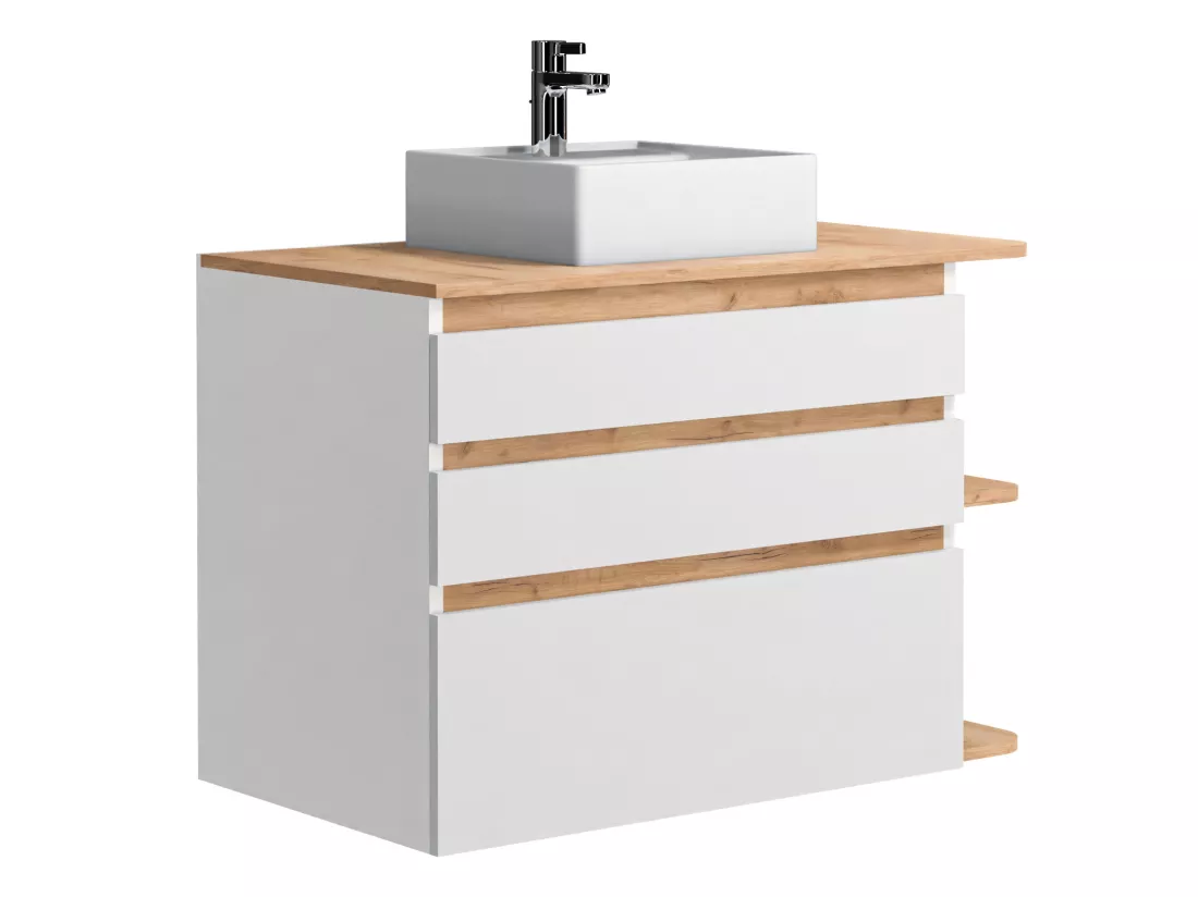 Meuble de salle de bain suspendu simple vasque - Coloris naturel clair et blanc - 94 cm - ANIDA
