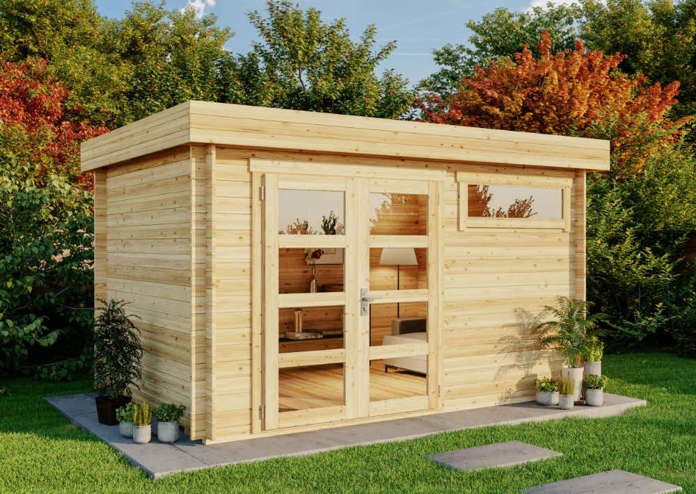 Alpholz Leandro-28 tuinhuis, tuinhuis van natuurlijk hout, blokhut met 28 mm wanddikte, geïmpregneerd, inclusief montagemateriaal, 3,9 x 2,7 m