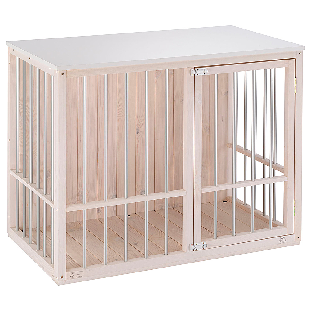 Niche d’intérieur pour chiens dog fort, bois fsc, barres aluminium, fermeture de sécurité