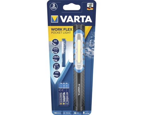 Varta LED werklamp, 40 m straalbereik, 1,5 W LED, met 3x AAA batterijen, antislip, WORK FLEX POCKET LIGHT, zwart/blauw