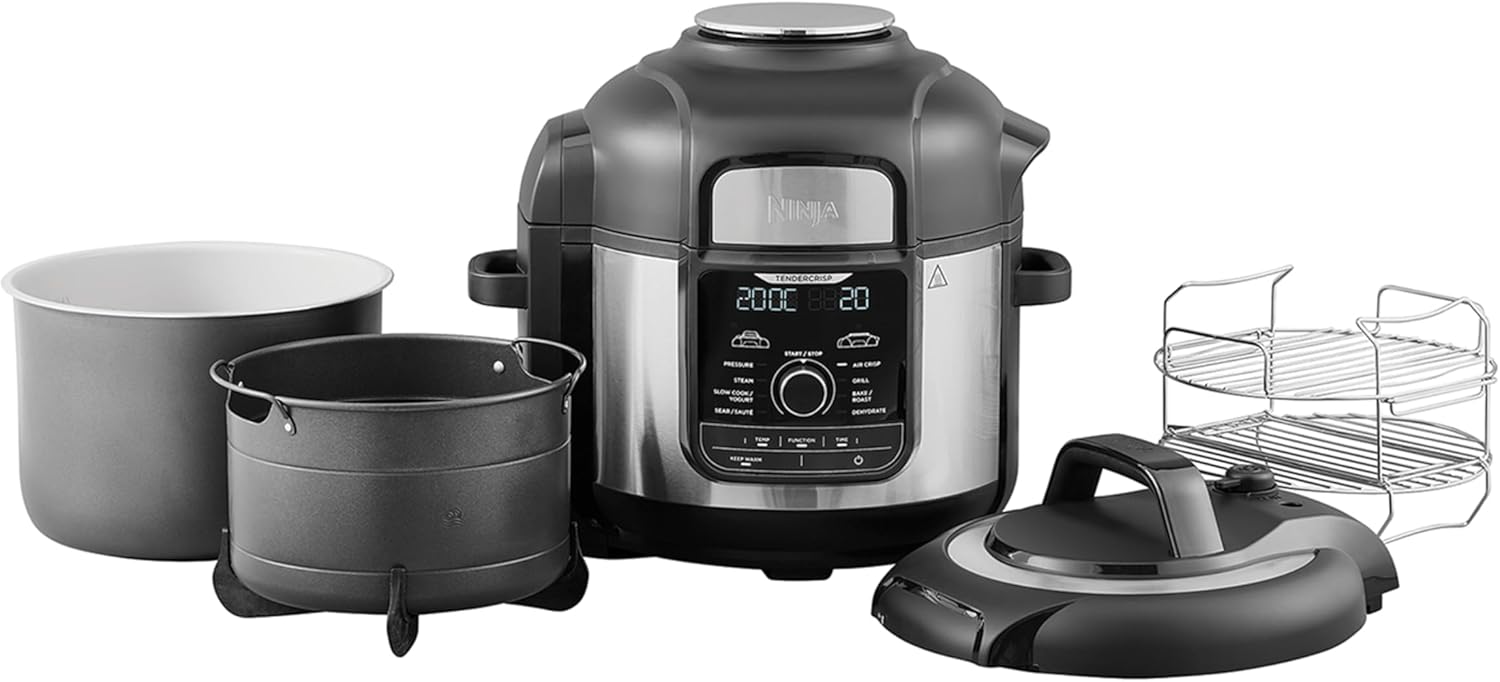 Ninja Foodi MAX Multikocher, 7,5L, 9-in-1 Multicooker, Pressure Cooker Schnellkochen, Air fryer Heißluftfrittieren, Slow Cooker Langsamkochen, Grillen und mehr, gebürsteter Stahl & Schwarz, OP500EU