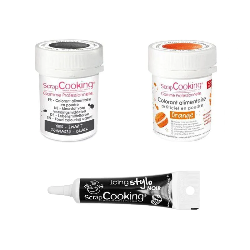 2 colorants alimentaires noir-orange + Stylo glaçage noir Scrapcooking