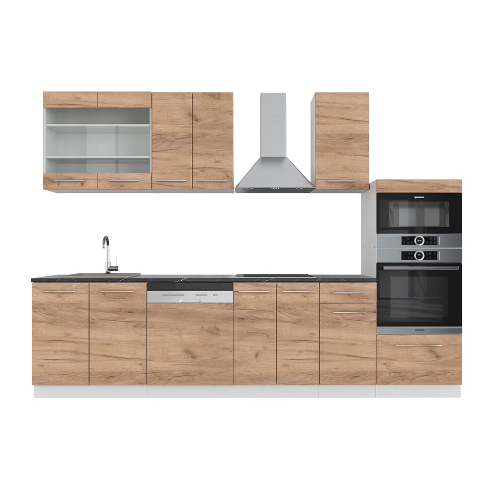 Vicco Küchenzeile Küchenblock Einbauküche Fame-Line Weiß Eiche 300 cm modern Küchen Schränke Schubunterschrank Unterschrank Spülenunterschrank Hängeschrank Mikrowellenschrank Geschirrspülerblende