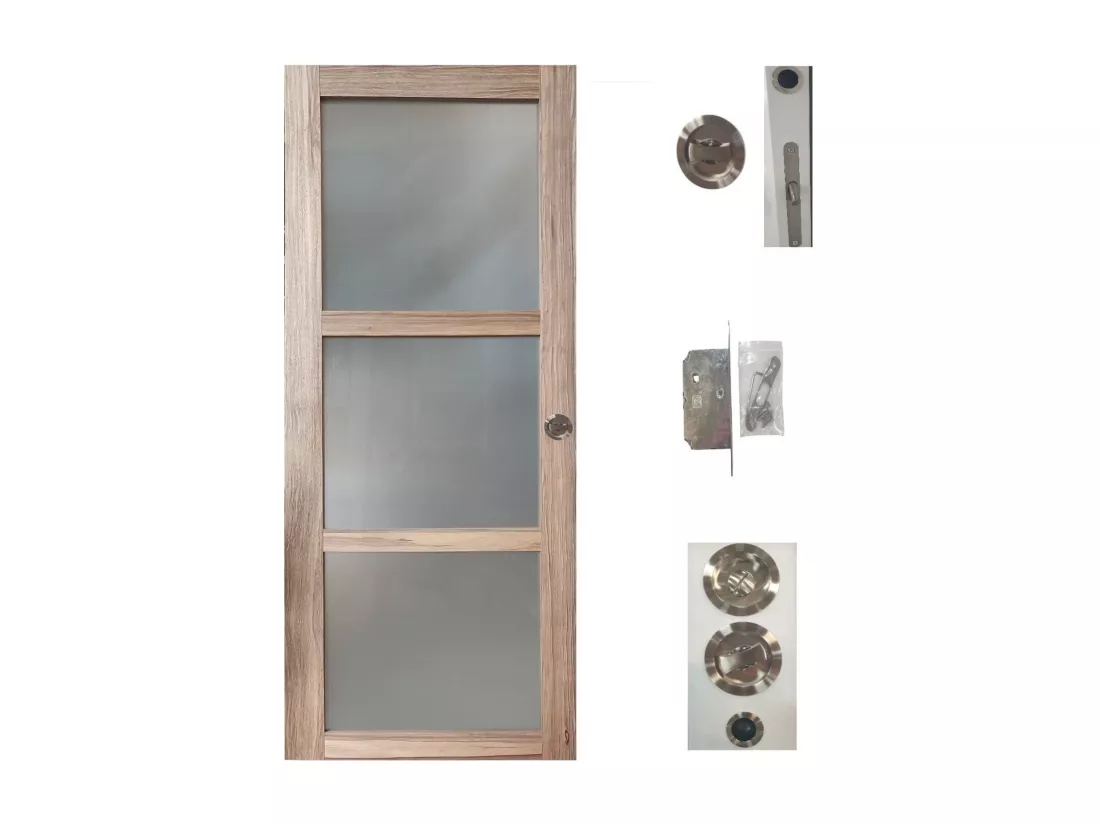 Porte Coulissante Bois Frake Vitree H204 X L83 + Serrure à Condamnation Gd Menuiseries