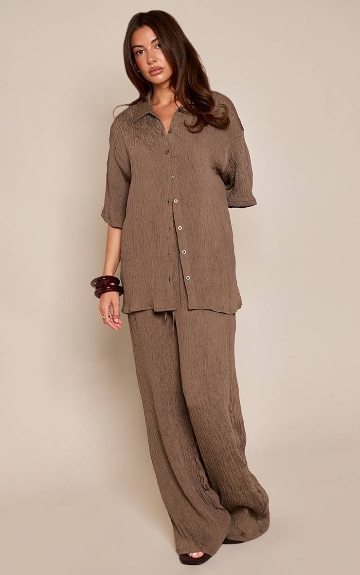 Marron Foncé Pantalon Large Texturé Tissé À Cordon De Serrage Ensemble Coordonné