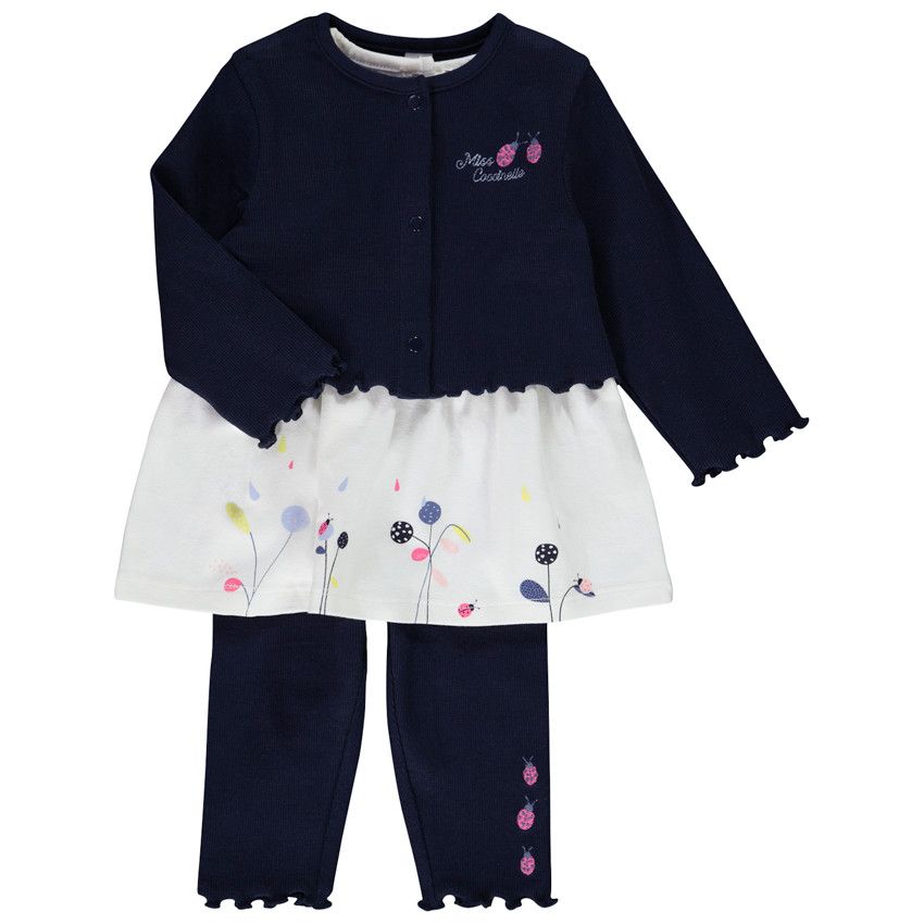 Ensemble 3 pièces cardigan + tunique + caleçon avec broderies coccinelle pour bébé fille - Bleu marine