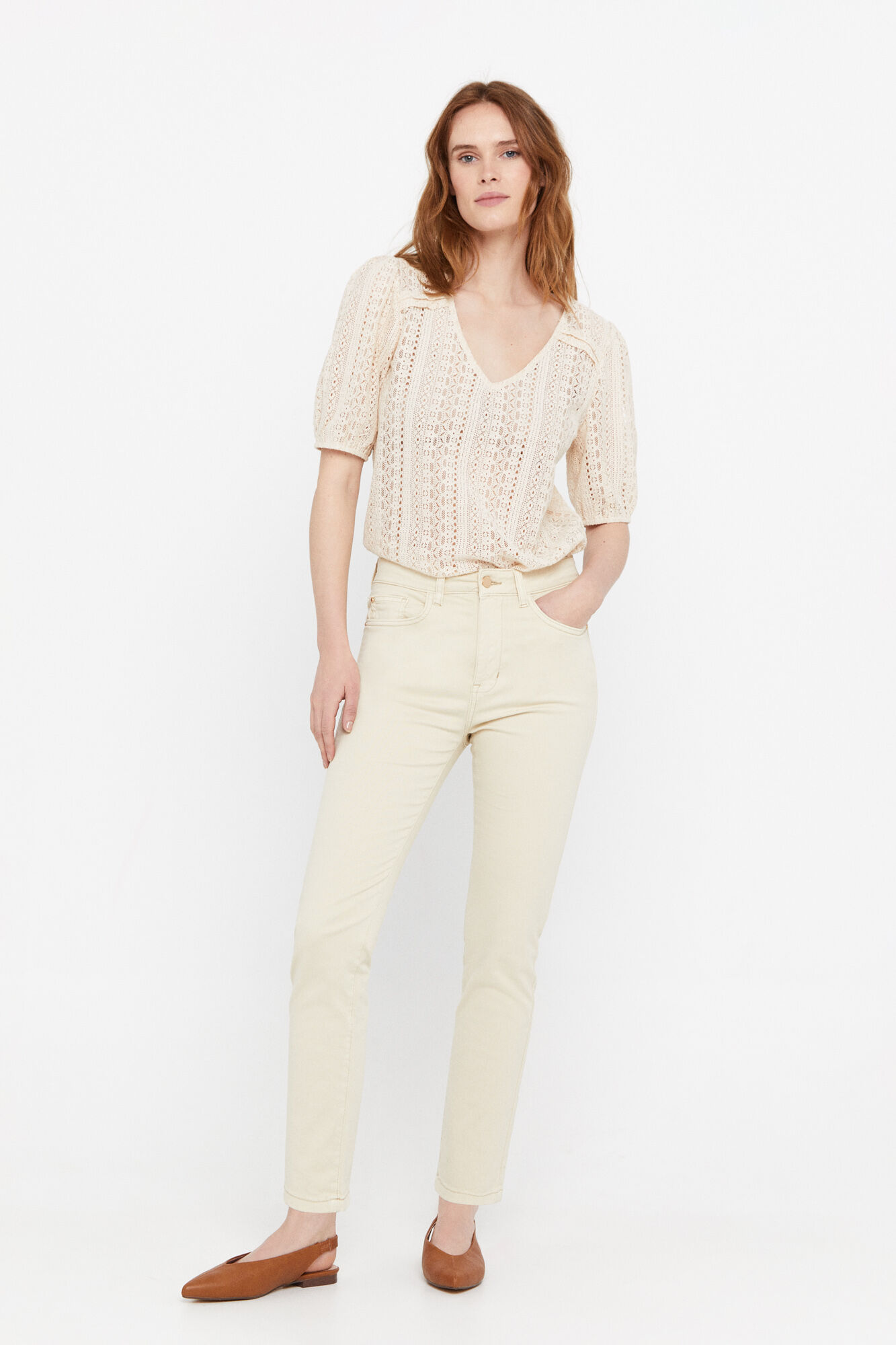 Calça jeans cropped de 5 bolsos - Bege