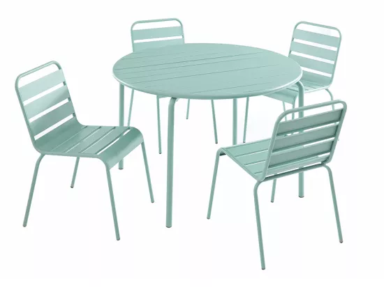 Salle à manger de jardin en métal - une table D.110 cm et 4 chaises empilables - Vert amande - MIRMANDE de MYLIA