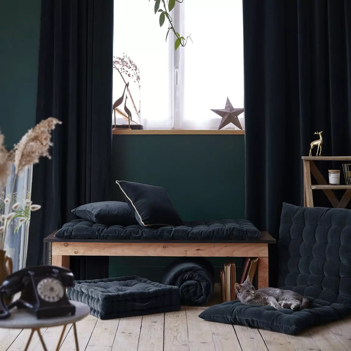 Rideau velours de coton ajustable (140 x max 270 cm) César Bleu nuit