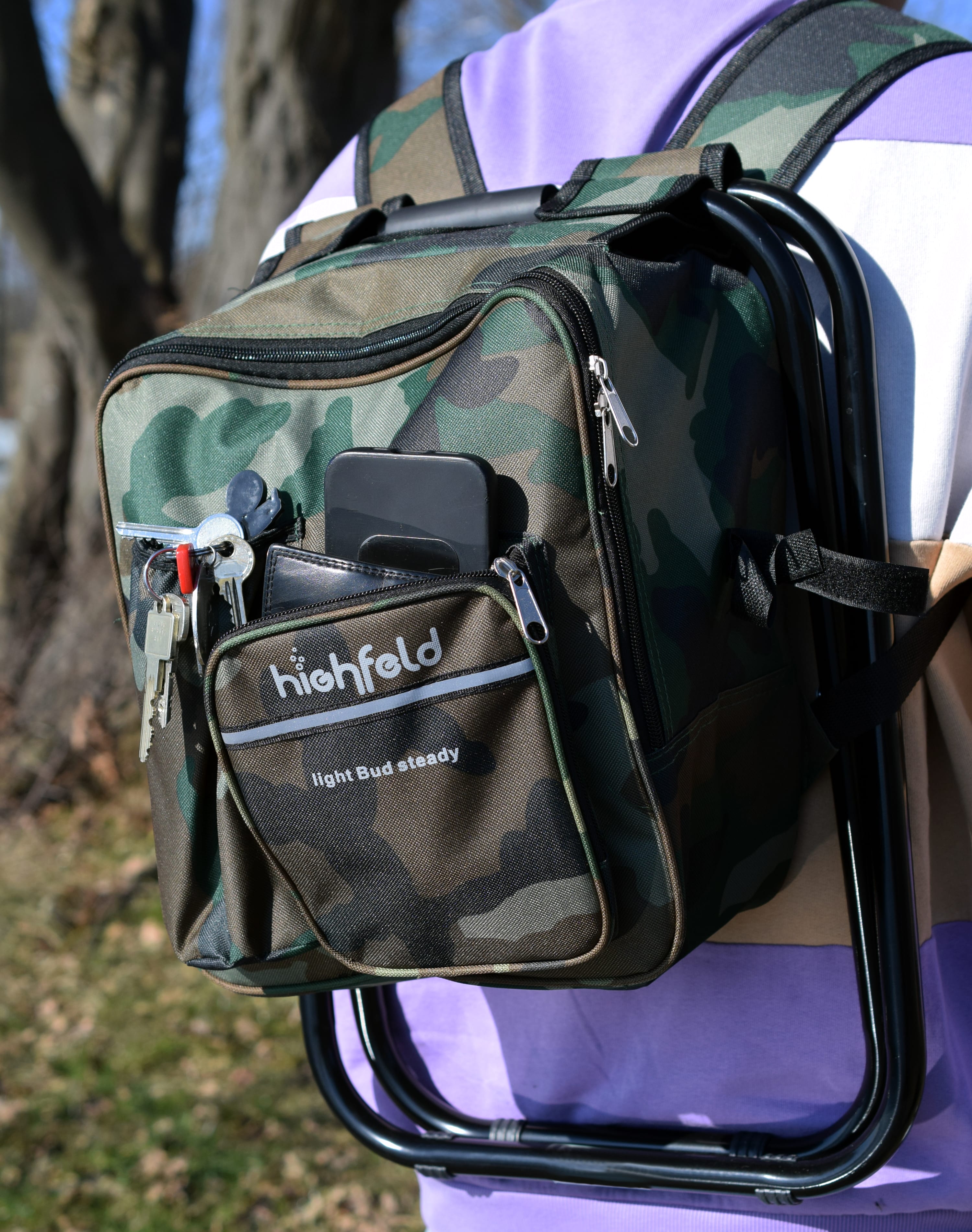 highfeld® Sitzrucksack Ansitzrucksack mit Hocker camouflage Campinghocker Angelhocker Falthocker