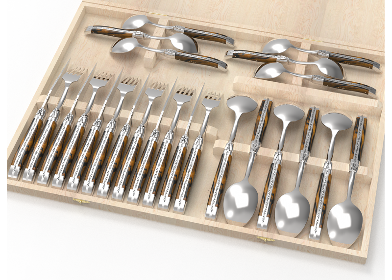 Service Laguiole de 24 pièces avec un manche en bois d'ébène royal et mitres en acier inoxydable