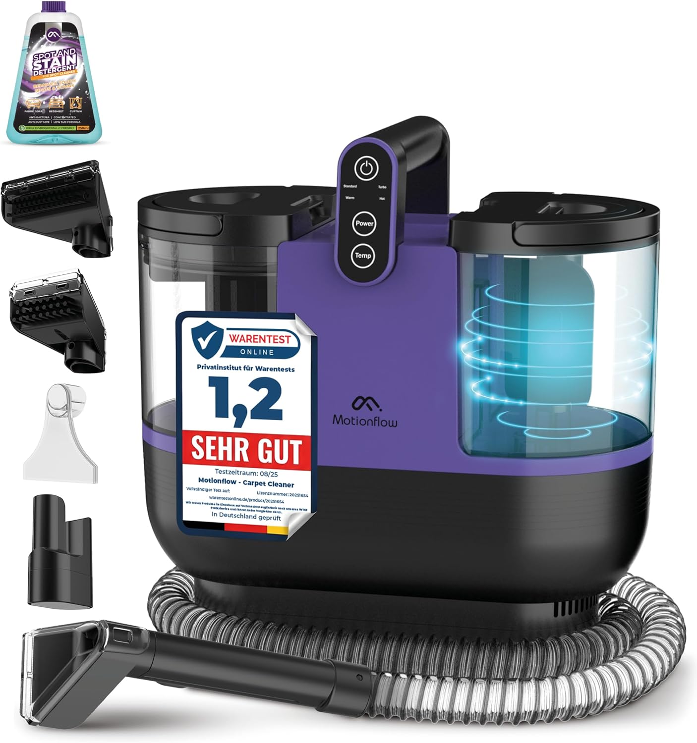 Motionflow Teppichreiniger Waschsauger mit Heizfunktion - 1200W Polsterreiniger Gerät für Teppiche, Polstermöbel, Autositze uvm. Nasssauger mit 4 Bürstenaufsätzen, Selbstreinigung, 15s Aufheiz-Zeit