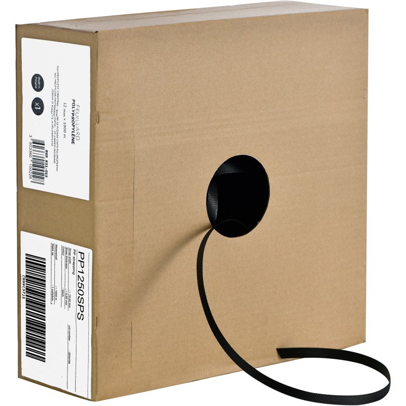 Bobine de cerclage feuillard polypropylène noir 12 mm x 1000 mètres en boîte distributrice