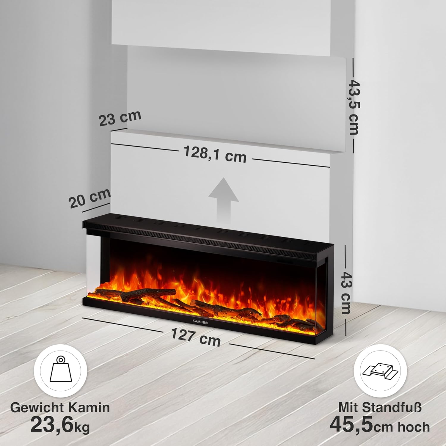 Elektrokamin LEA - Elektrischer 3-in-1 Kamin mit Panoramaview, Heizung, 3D-Flammeneffekt, 12 Flammenfarben, Fernbedienung (50 Zoll)