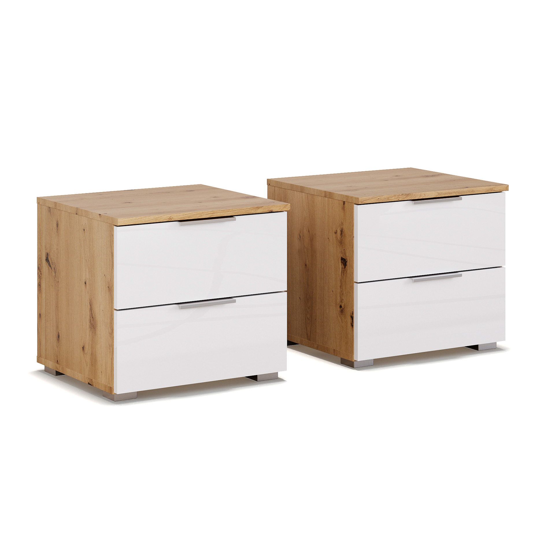 2er-Set-Nachttisch - Artisan Eiche - Hochglanz weiß - 2 Schubkästen - 47 cm