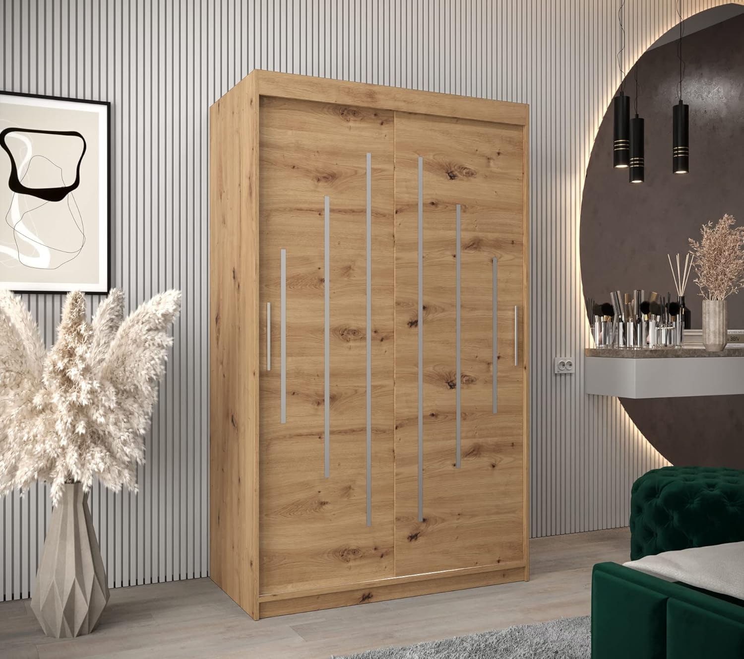 Kryspol Schwebetürenschrank York 120 cm Kleiderschrank mit Kleiderstange und Einlegeboden Schlafzimmer- Wohnzimmerschrank Schiebetüren Modern Design (Artisan Eiche)