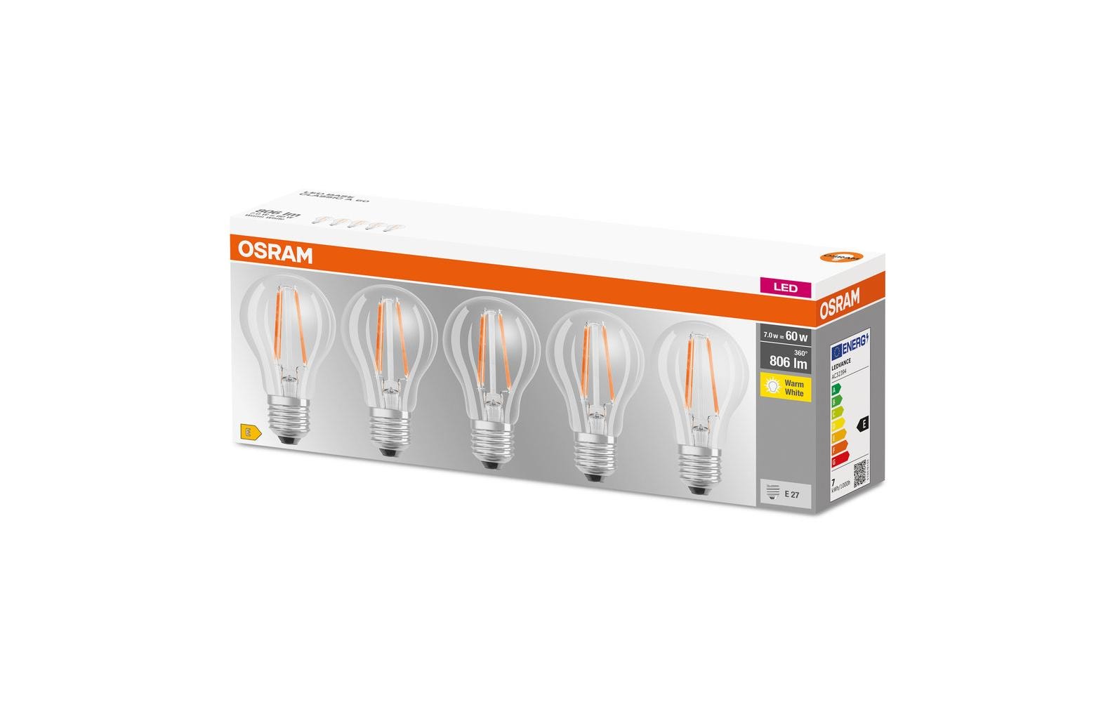 Lampe Base Filament 7W, E27 Warmweiss, 5er BoxFilamentleuchtmittel