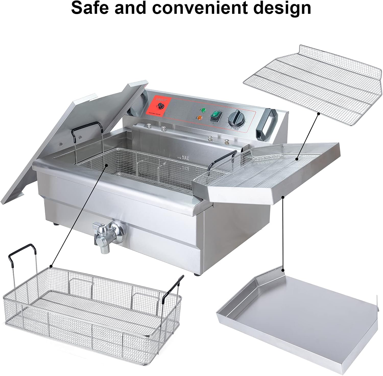 Valgus Kommerzielle elektrische Fritteuse aus Edelstahl 3000W 30L Großraum-Küchenbratmaschine mit Korb und Deckel, Abflusssystem für Restaurant und Zuhause