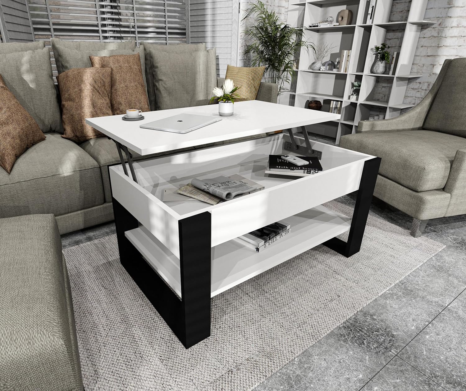 Couchtisch mit anhebbarer Platte | Höhenverstellbarer Wohnzimmertisch mit Stauraum | Sofatisch Weiß Schwarz modern mit Ablage & verstecktem Fach – Coffee Table für Wohnzimmer & Büro