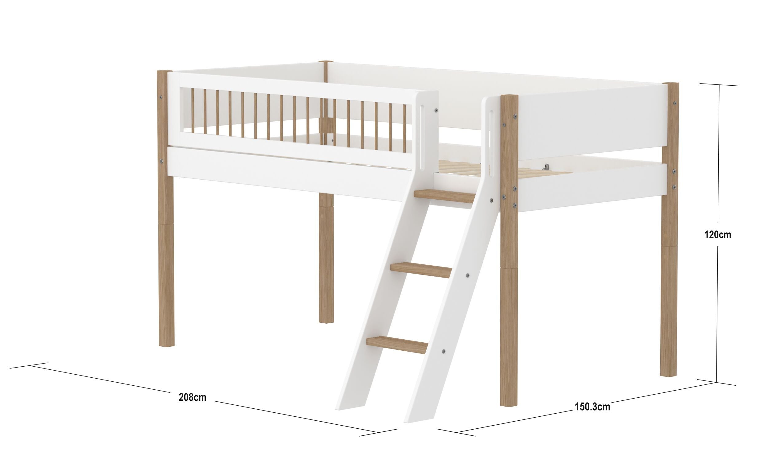 Flexa NOR Schrägleiter Halbhochbett inkl. Pfosten - Weiss / Eiche / B: 150.0 cm x T: 208.0 cm x H: 120.0 cm