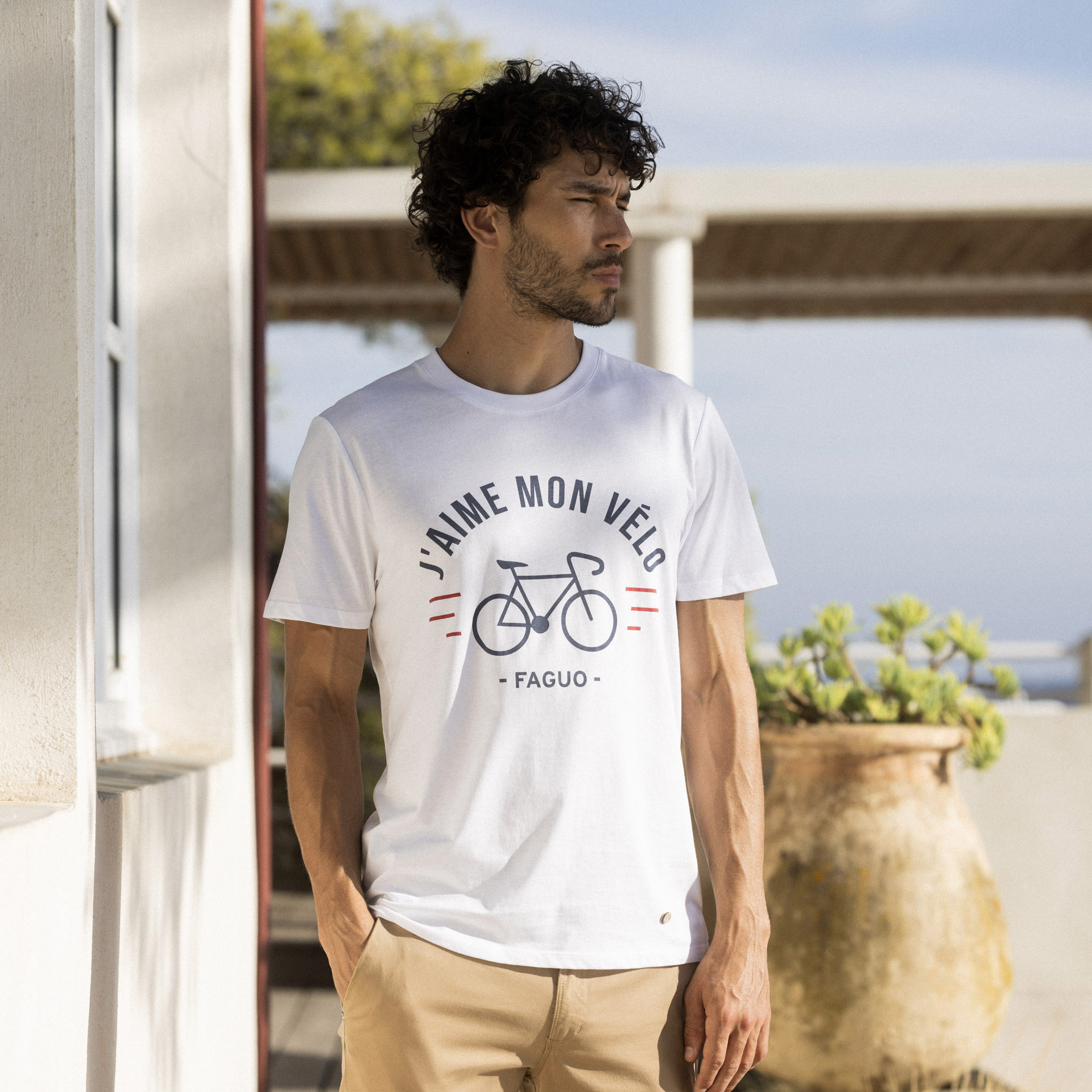 T-shirt col rond blanc J'aime mon vélo coton et coton recyclé - modèle Arcy