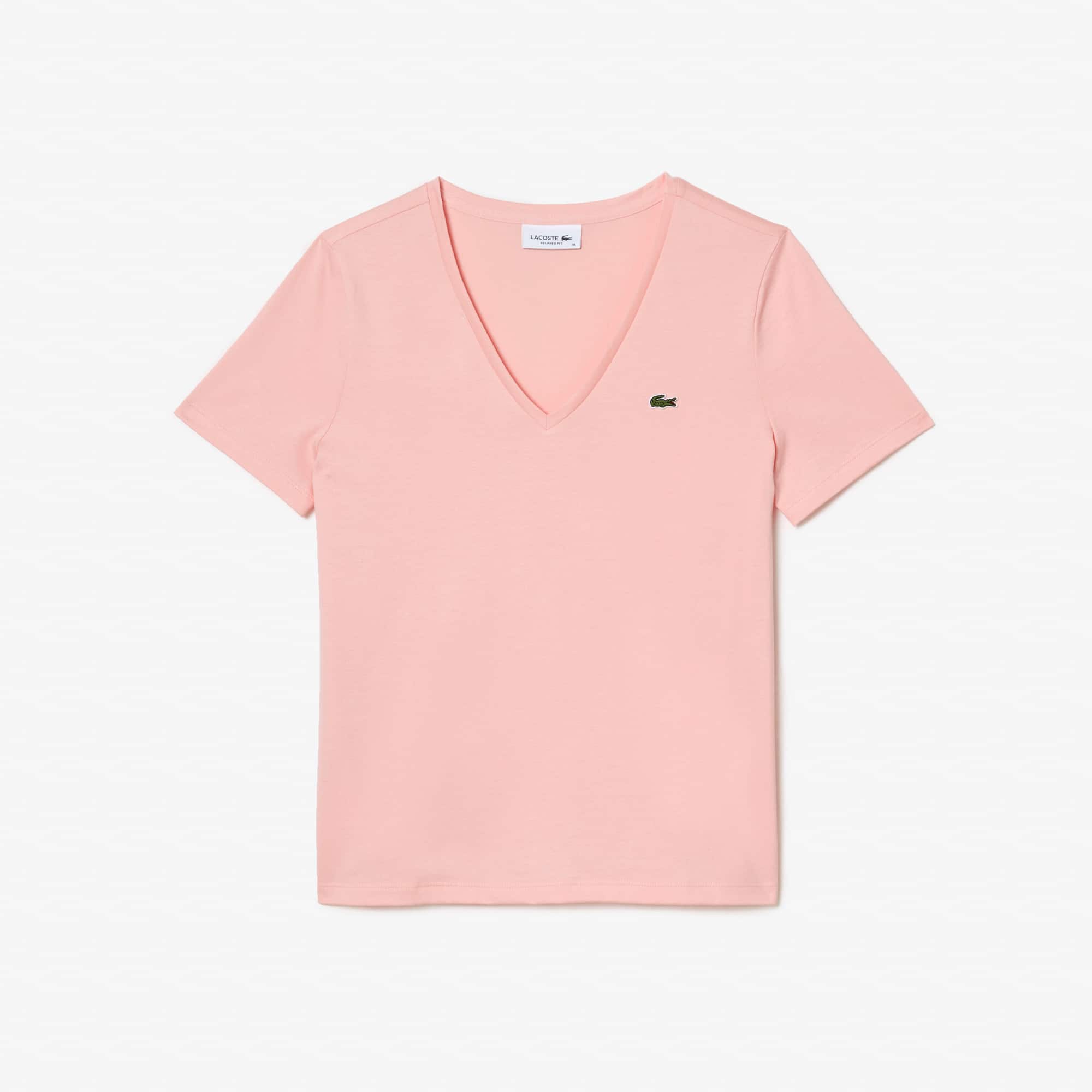 T-shirt à col V loose fit en coton uni T-Shirts - Rose - Lacoste - Femme