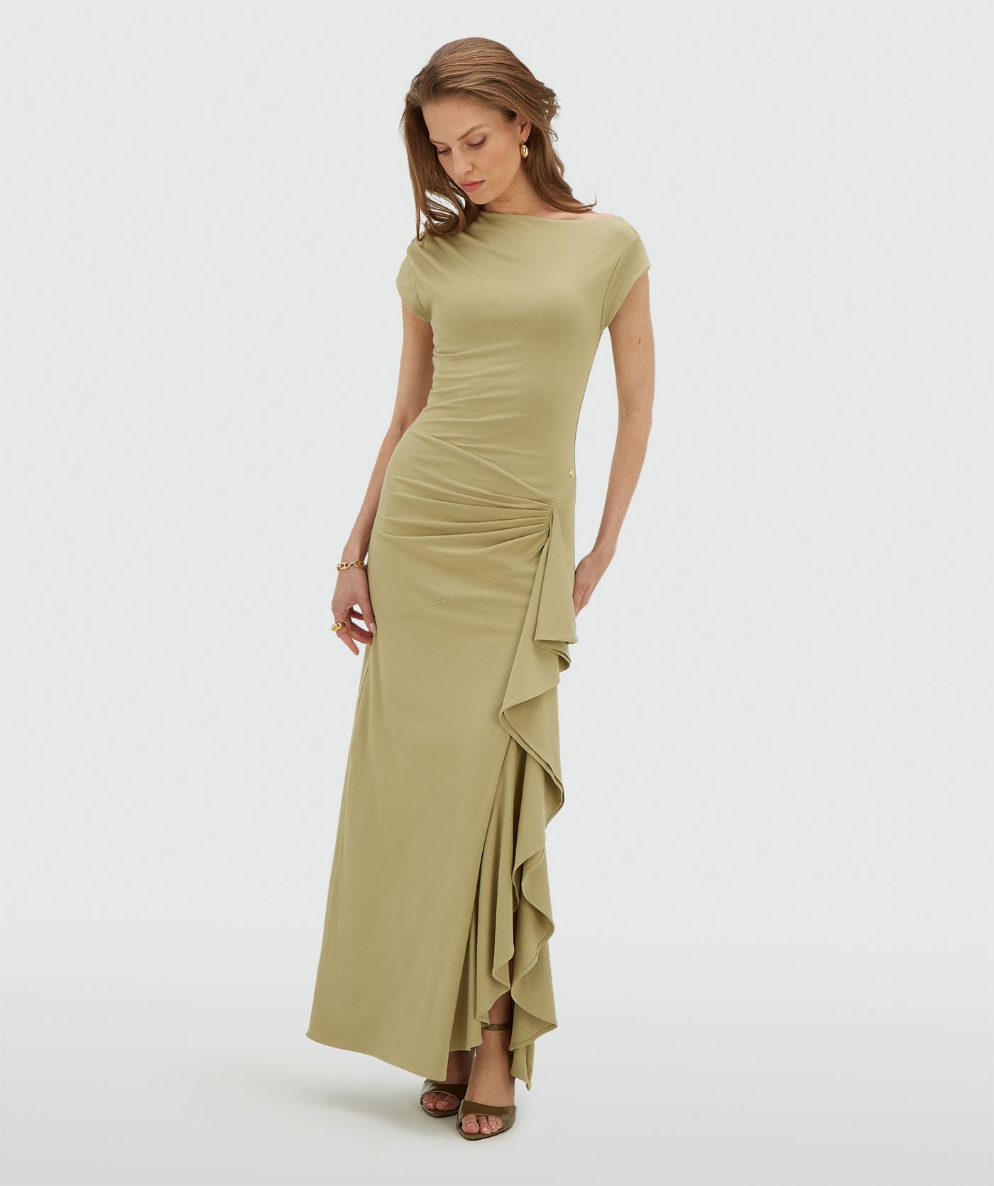 JV-ZYLAS slim fit maxi jurk met ruffles - dark pistachio